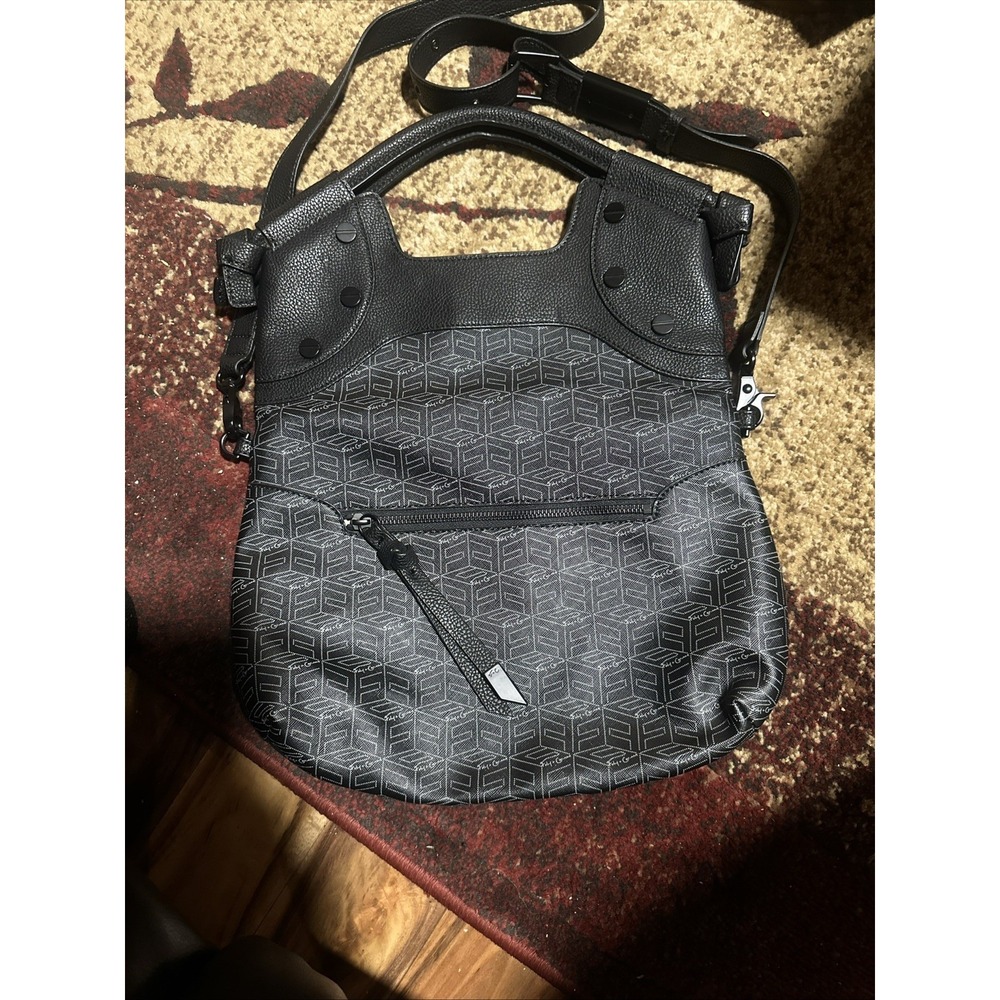 Foley + Corinna Black & Grey Geometric Crossbody Fold Over Tote Bag Leather